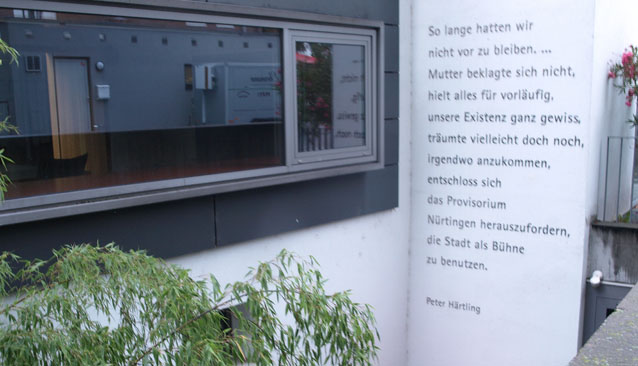 Spiegelnde oder gerahmte Wandfläche neben einem Wandtext und einer Pflanze.
