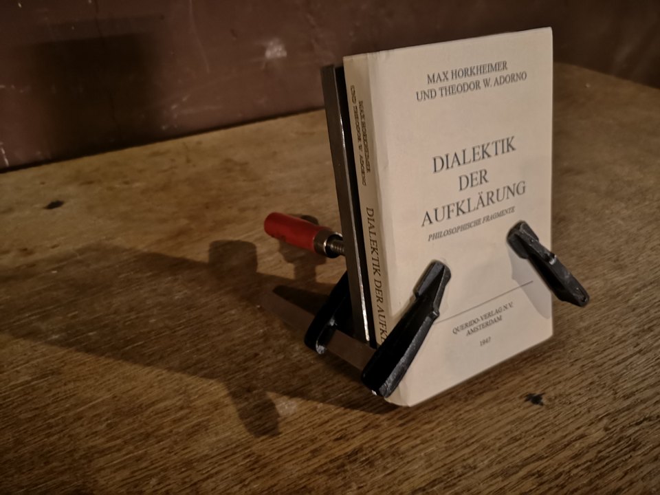Buch „Dialektik der Aufklärung“ steht zwischen zwei Klammern auf einer hölzernen Tischplatte.