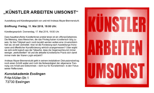 Ausstellungseinladung „KÜNSTLER ARBEITEN UMSONST“ mit rotem Schriftplakat und begleitendem Text zur Situation von Künstlerinnen und Künstlern.