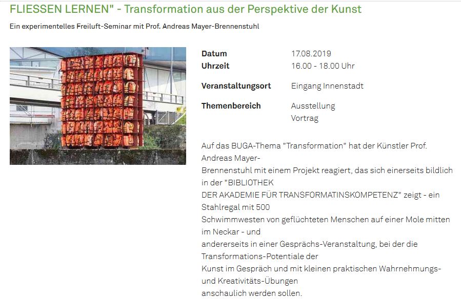 Veranstaltungsankündigung „FLIESSEN LERNEN“ für ein Freiluft-Seminar mit Andreas Mayer-Brennenstuhl am 17. August 2019.