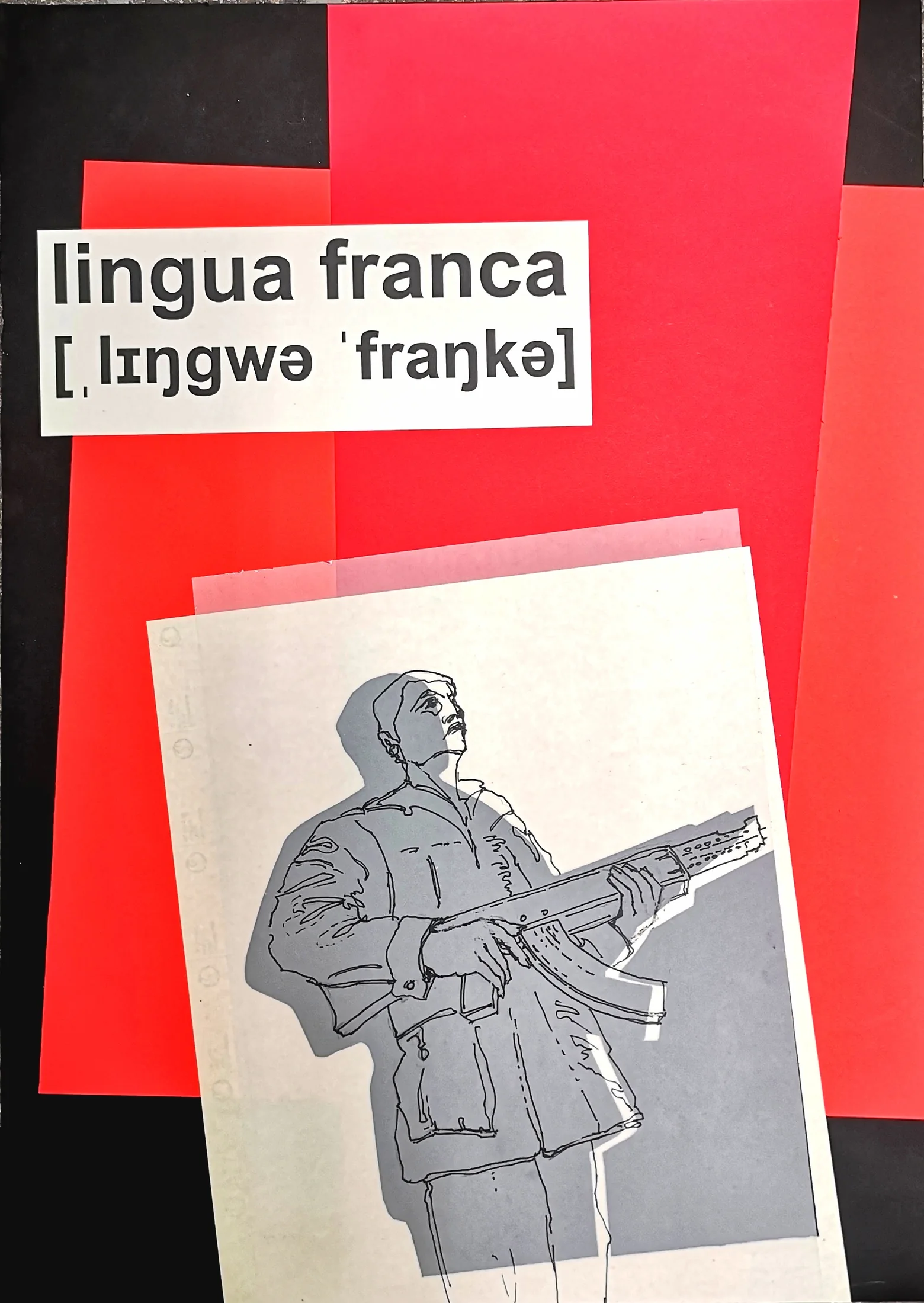 Rot-schwarze Collage mit gezeichneter Figur und der Aufschrift „lingua franca“.