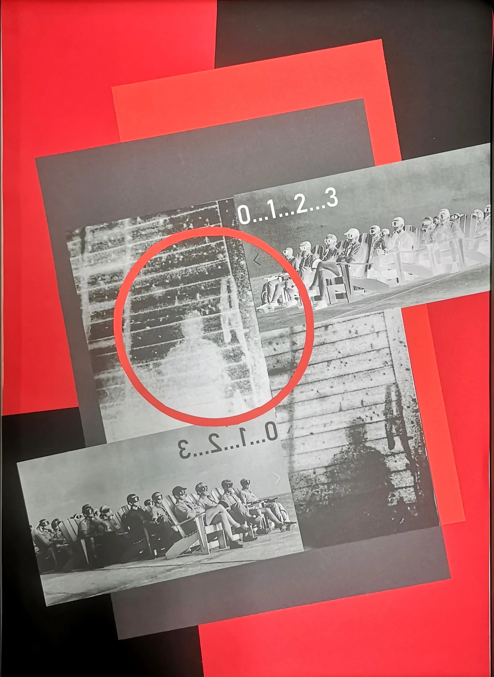 Collage mit historischen Fotografien, roten Flächen und einer roten Kreislinie.