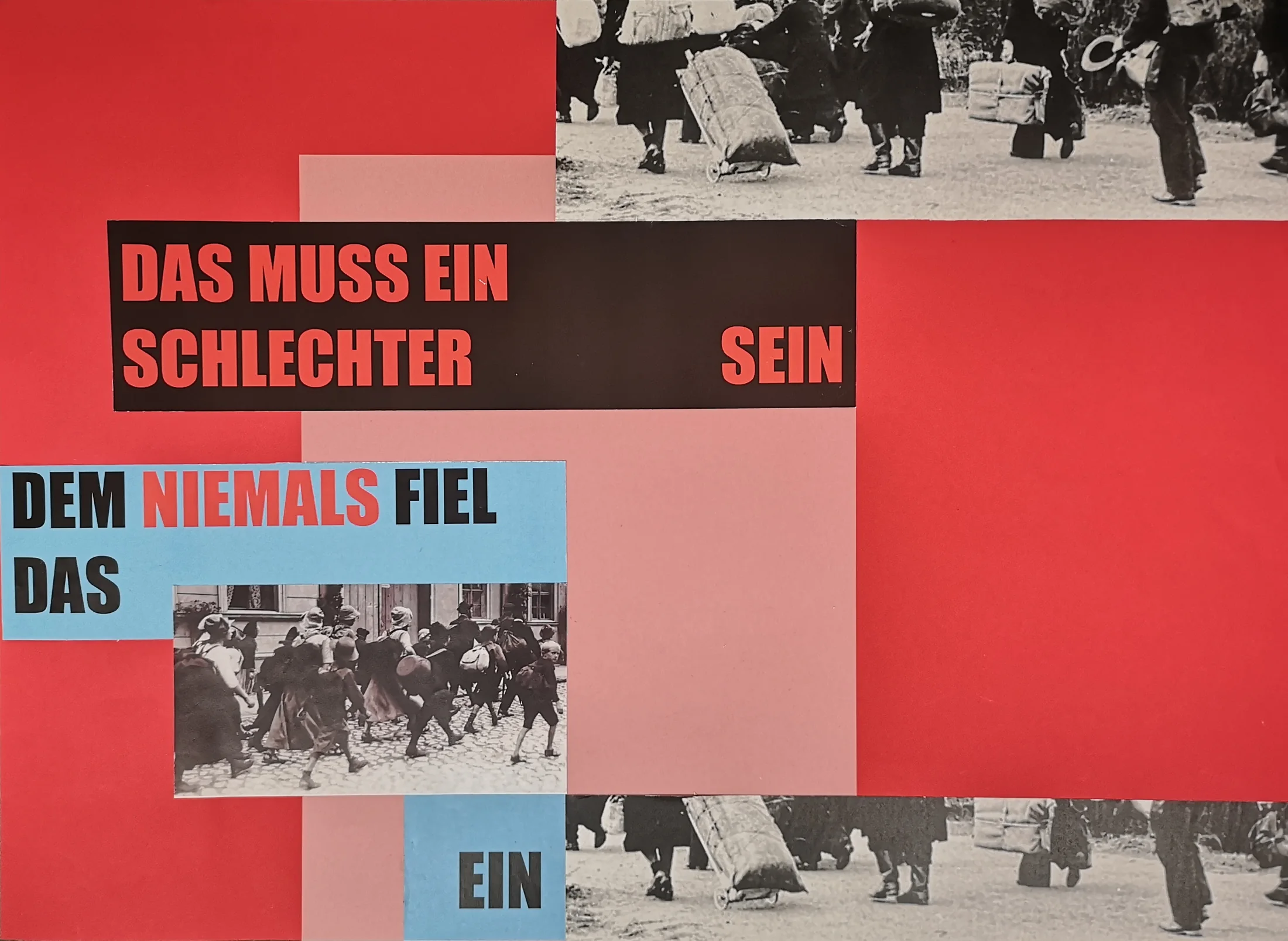 Collage mit Schwarzweißfotografien und fragmentierten schwarzen Texten auf roten und hellen Flächen.