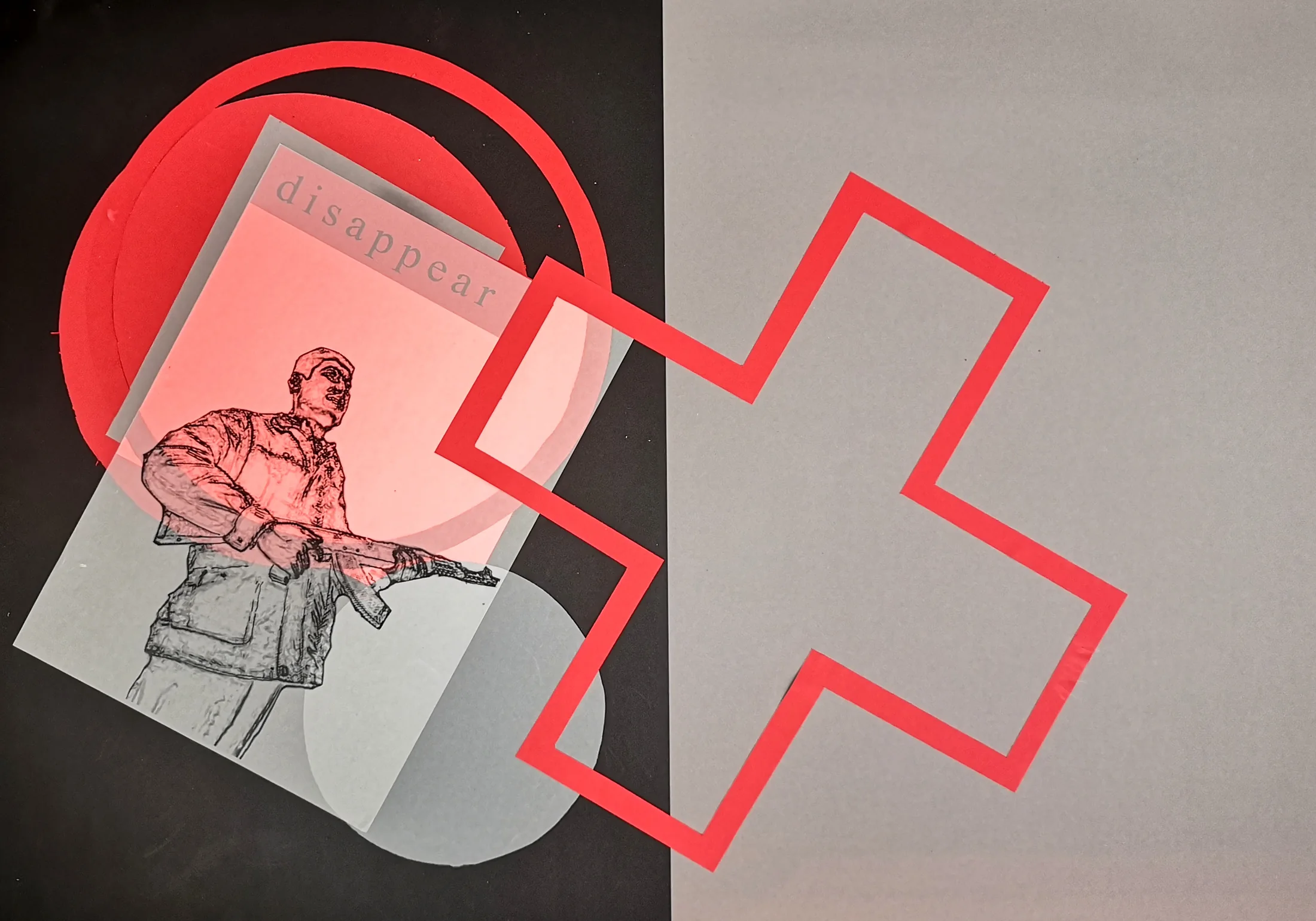 Collage mit gezeichneter Figur, roter Kreislinie und großer rot umrandeter Kreuzform.