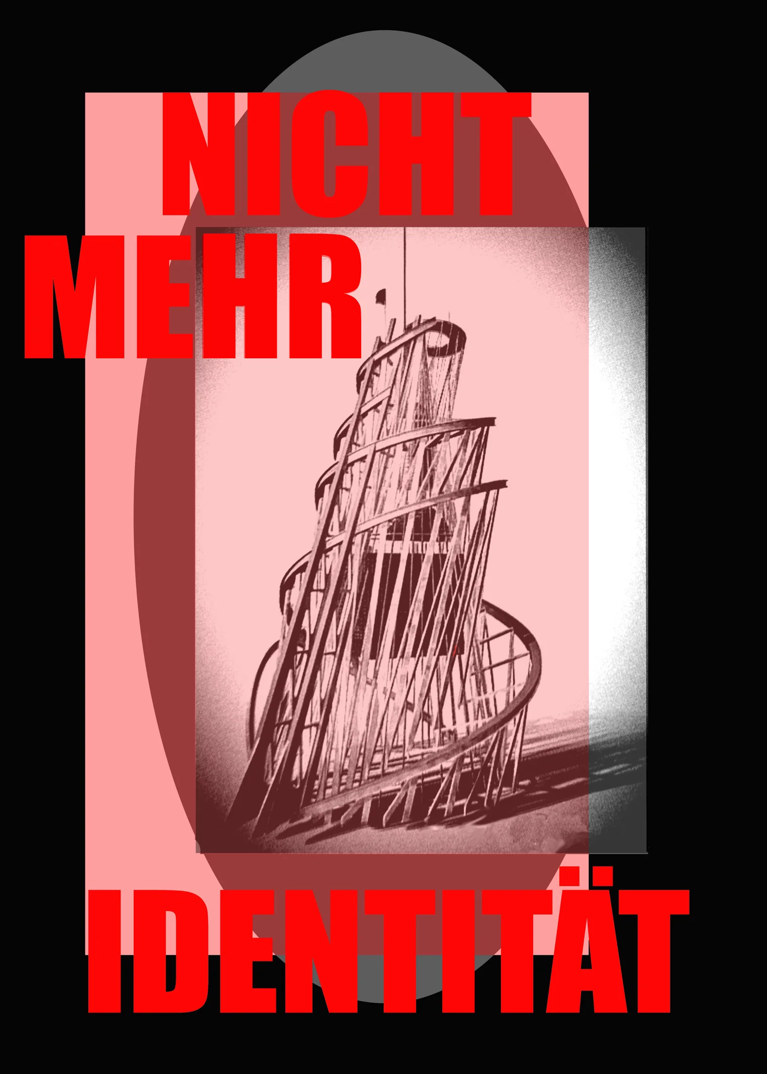 Collage mit gezeichneter Architektur und großem rotem Text „Nicht mehr Identität“.