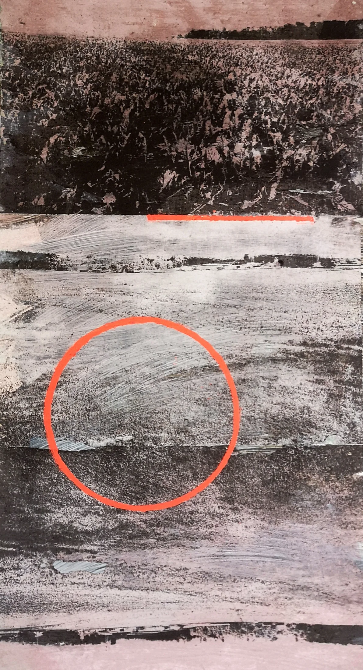 Hochformatige Fototransferarbeit aus zwei grauen Bildfeldern mit roten Kreislinien.